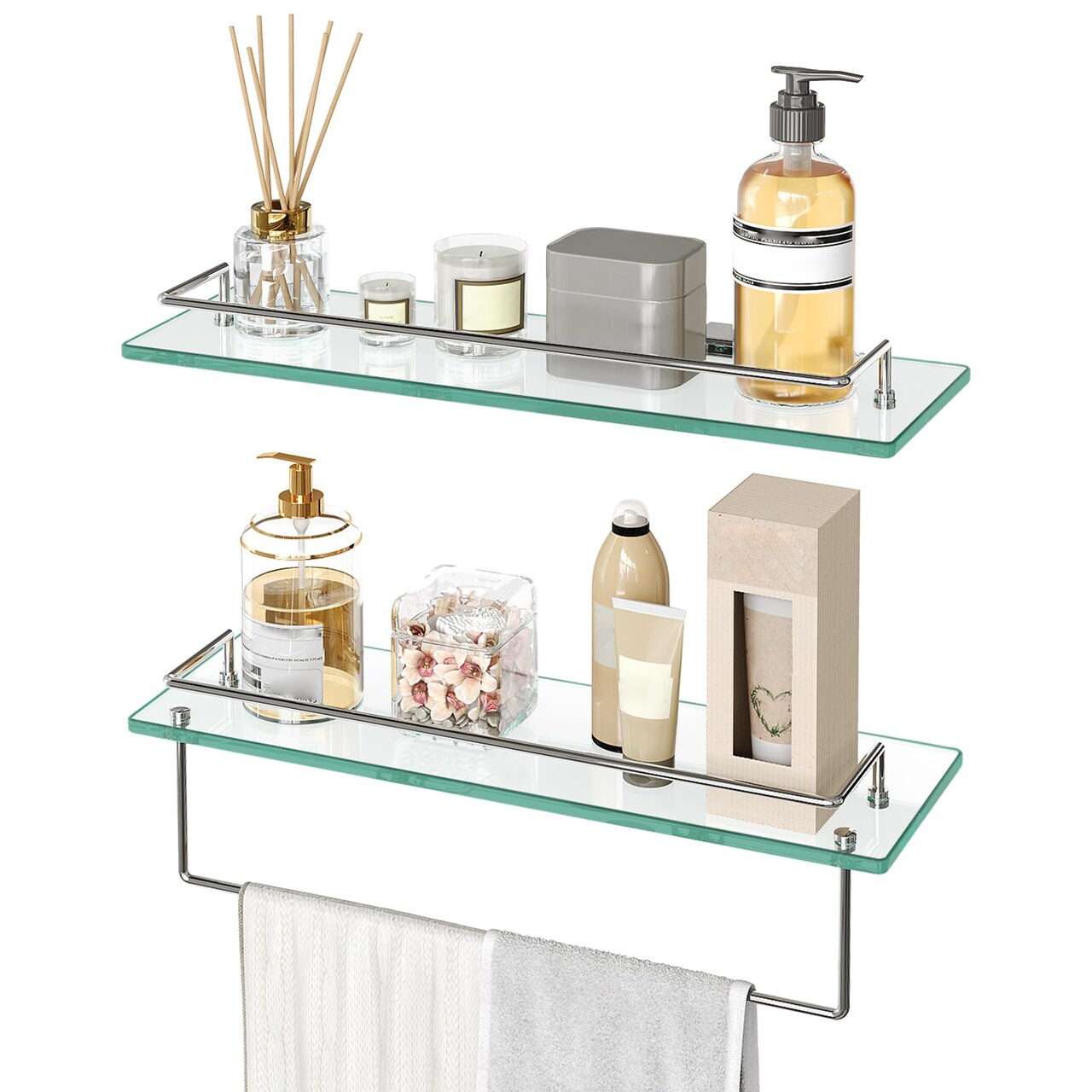 Silver Tempered Glass Floating Shelves with Stainless Steel and Towel Rod